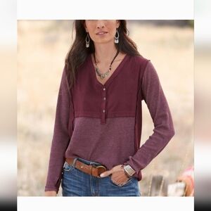 Sundance Waffle Knit Henley Top XL Mix Media Bohemian Western Thermal #750